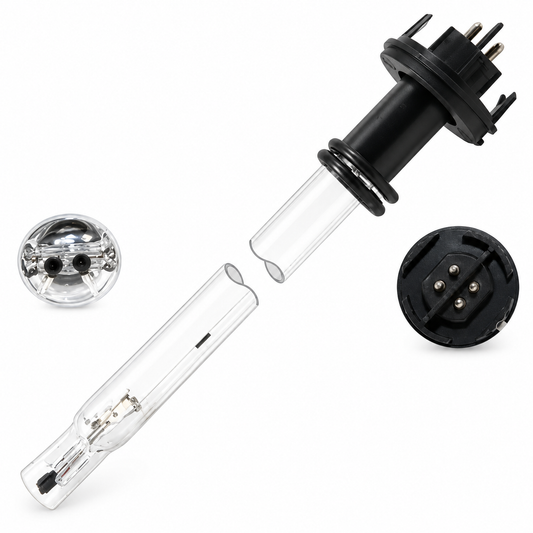 602805 aftermarket replacement UV lamp illustration with black four-pin connector and end views