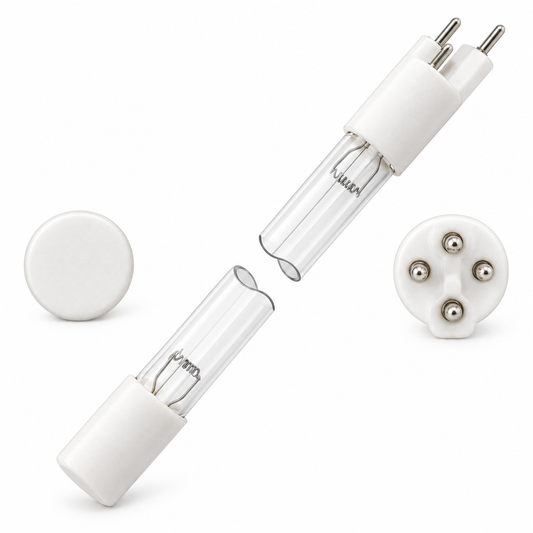 S200RL-HO aftermarket replacement UV lamp illustration with white keyed four-pin connector and end views