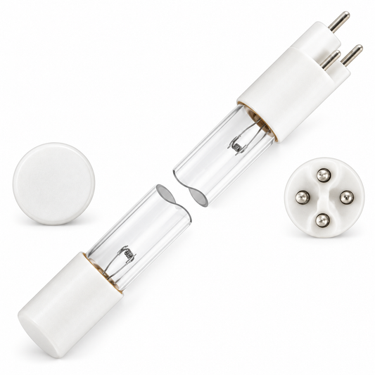 S463RL aftermarket replacement UV lamp illustration with white round four-pin connector and end views